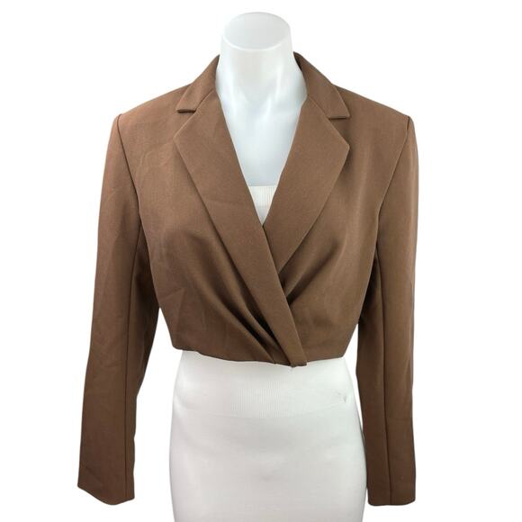 Zara Brown Faux Wrap Tailored Collar Long Sleeve Cropped Blazer Jacket Top Sz S - Picture 1 of 3